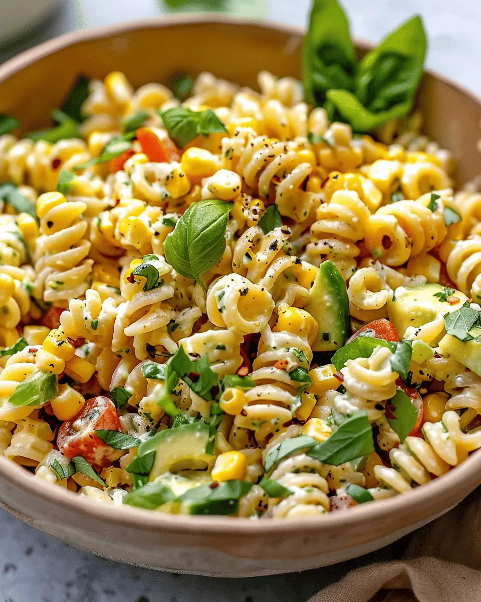 Creamy Street Corn Pasta Salad with Turkey Bacon and Chicken Ham