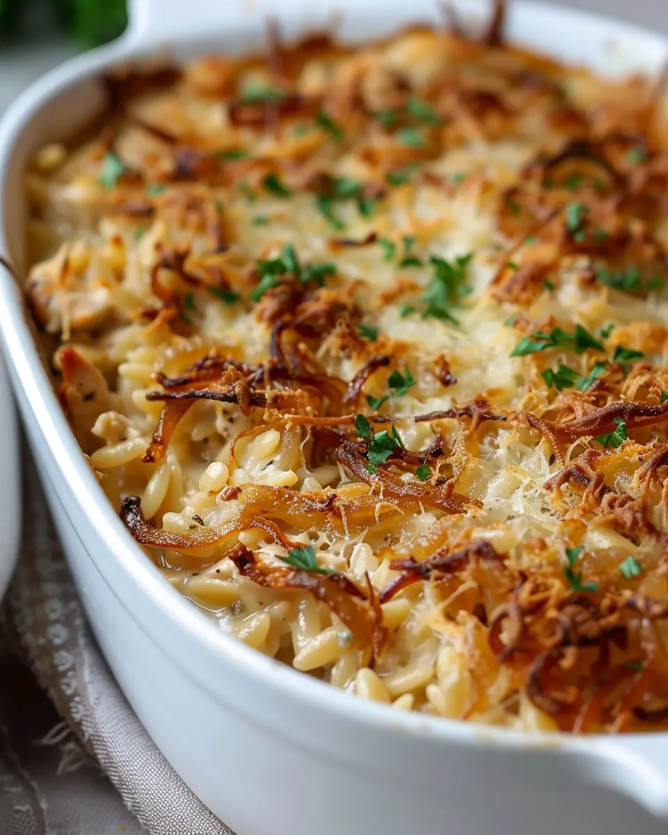 French Onion Chicken Orzo Casserole with Turkey Bacon Delight
