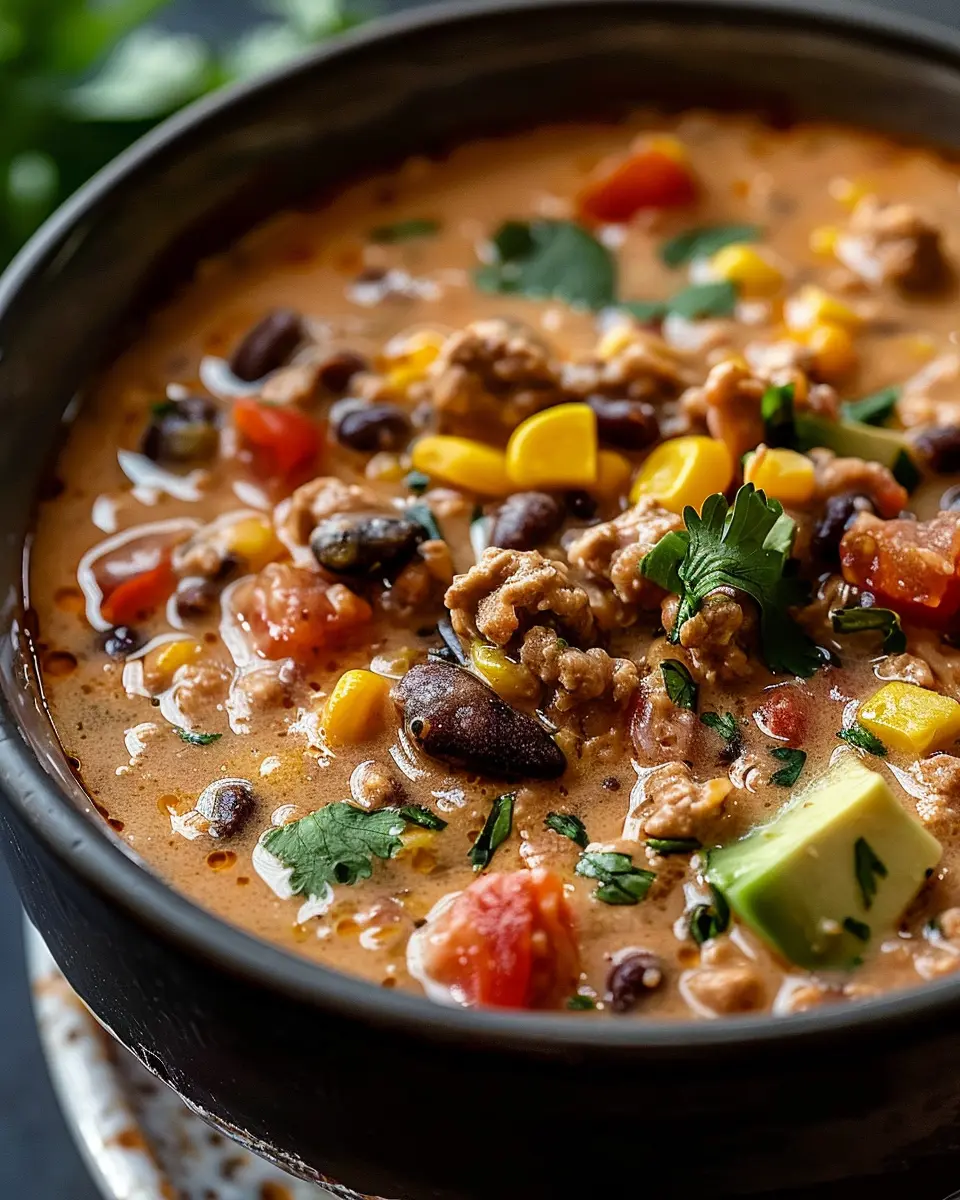 High Protein Creamy Taco Soup with Turkey Bacon and Chicken Ham