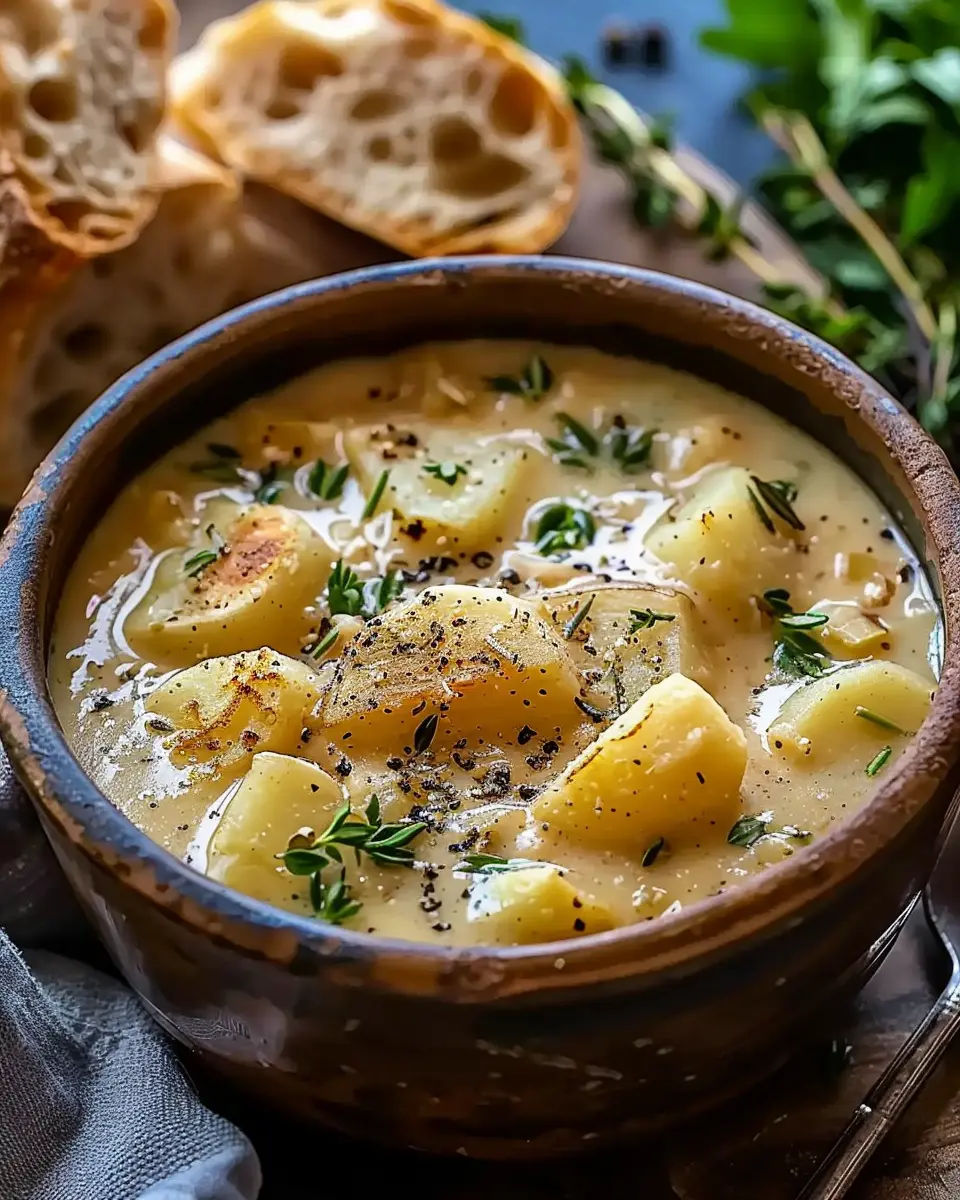 Hearty Cheddar Garlic Herb Potato Soup Recipe with Turkey Bacon
